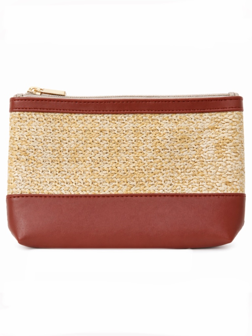 Woven Straw and Brown Lined Clutch/Cosmetic Pouch